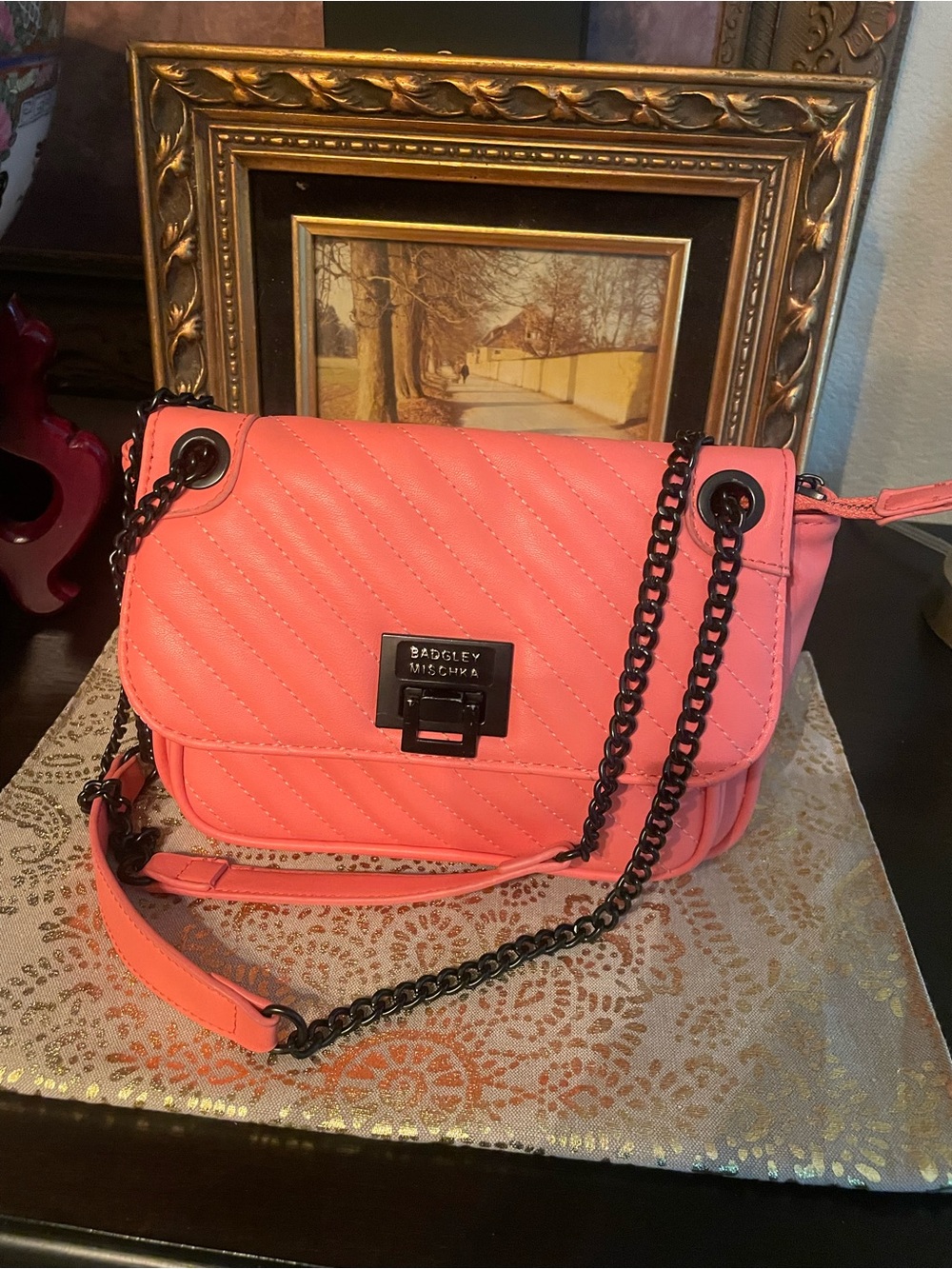 Badgley Mischka Coral Pink Quilted Chain Crossbody Bag